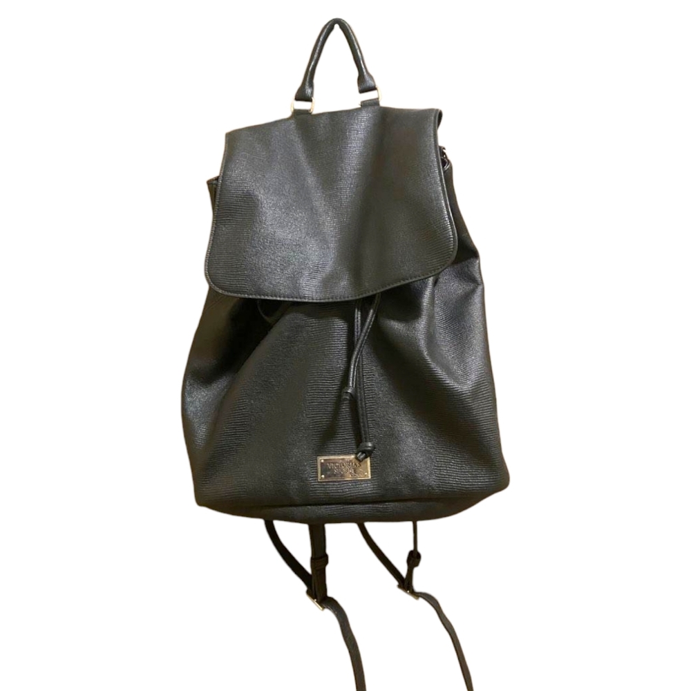 NWT Victoria's Secret Backpack Purse Black Faux Leather Drawstring Bag Large